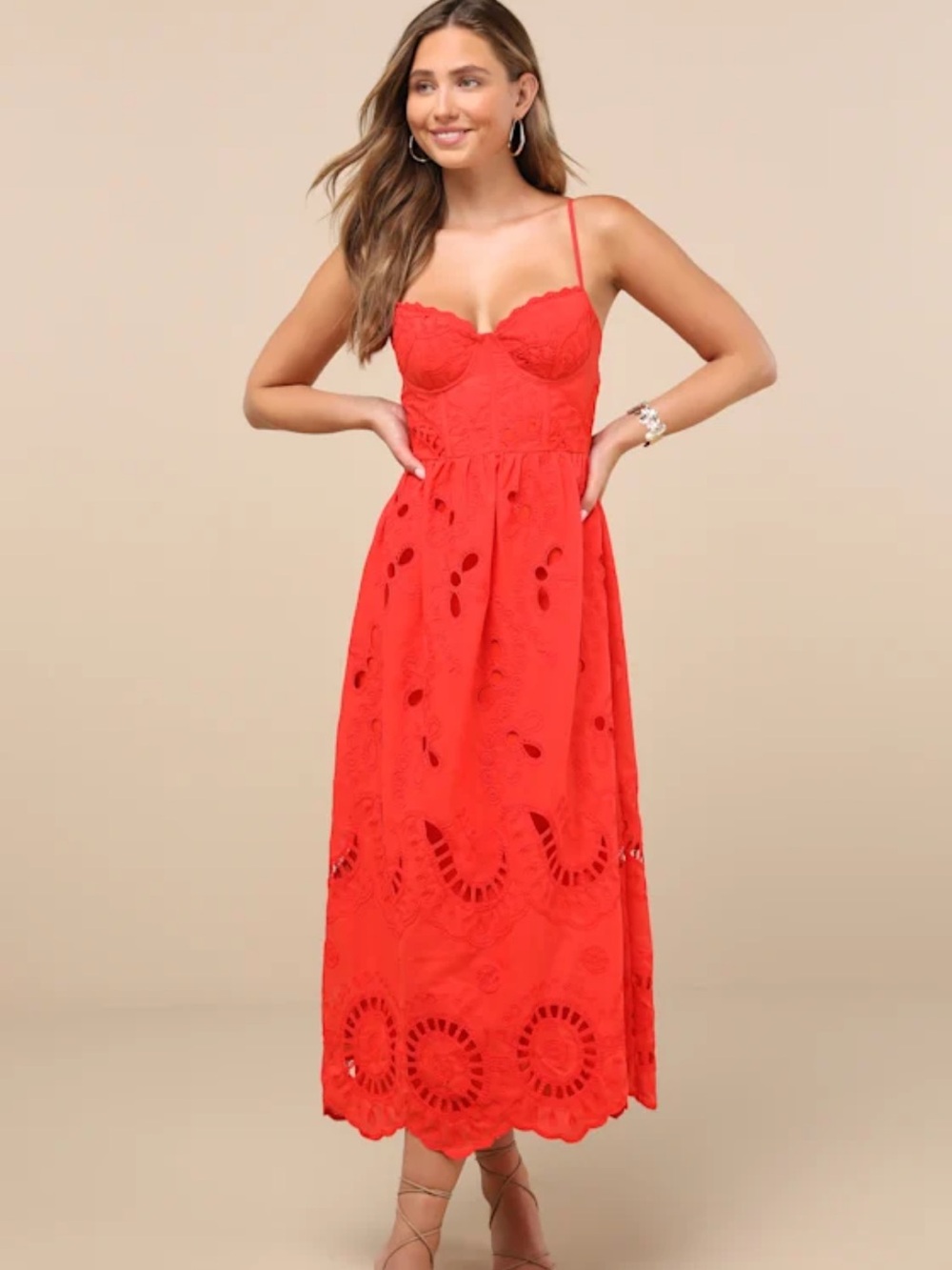 Jenora Bright Red Embroidered Bustier Midi Dress